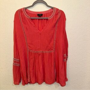 Tolani Large Red Embroidered Boho Hippie Long Sleeve Tunic Blouse Spring Top